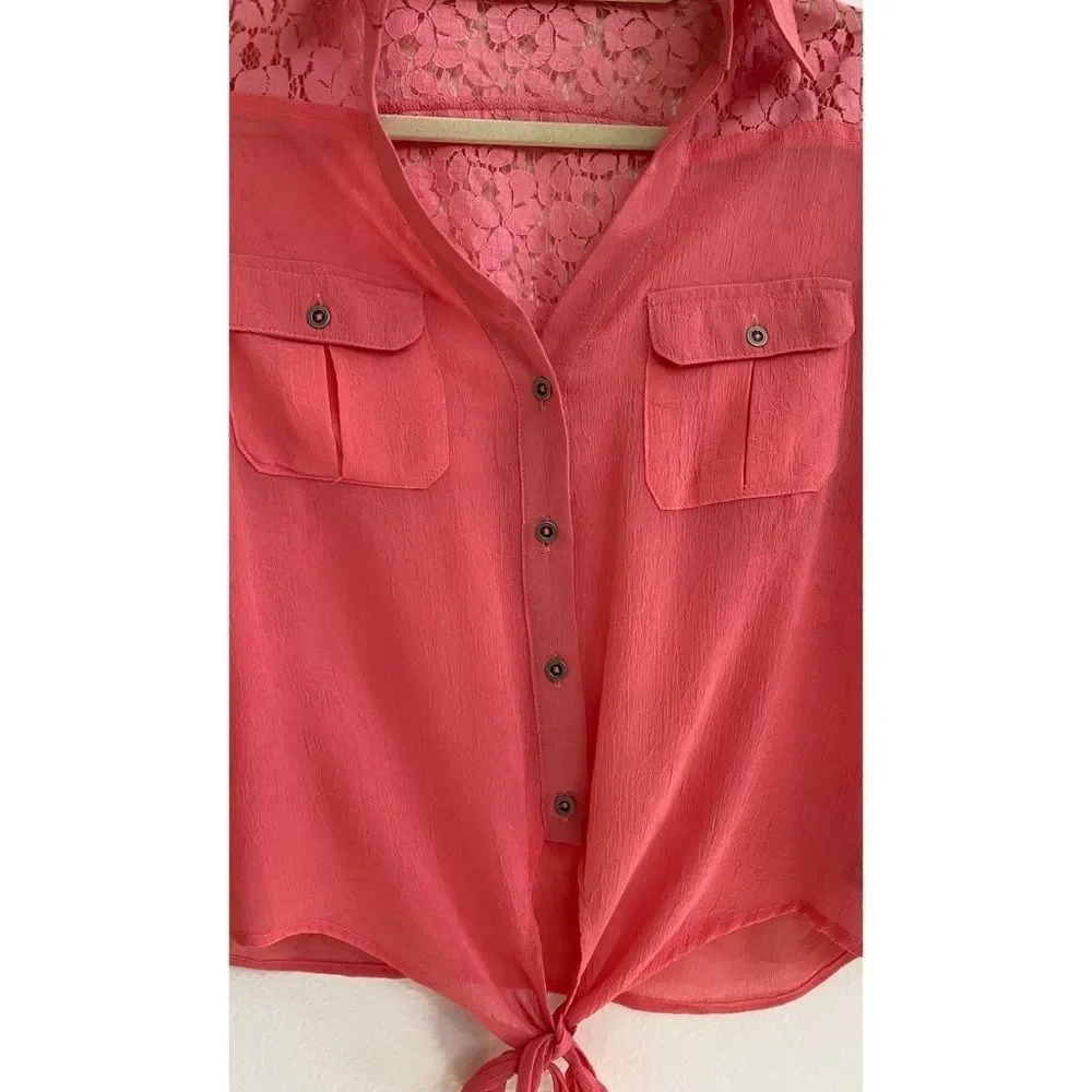 Womens Orange Sheer Tie Front Button Up Lace Back in size Medium - Picture 3 of 7